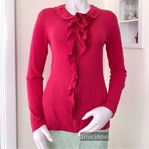T Tahari red ruffle rosette zipper front long sleeve knit top